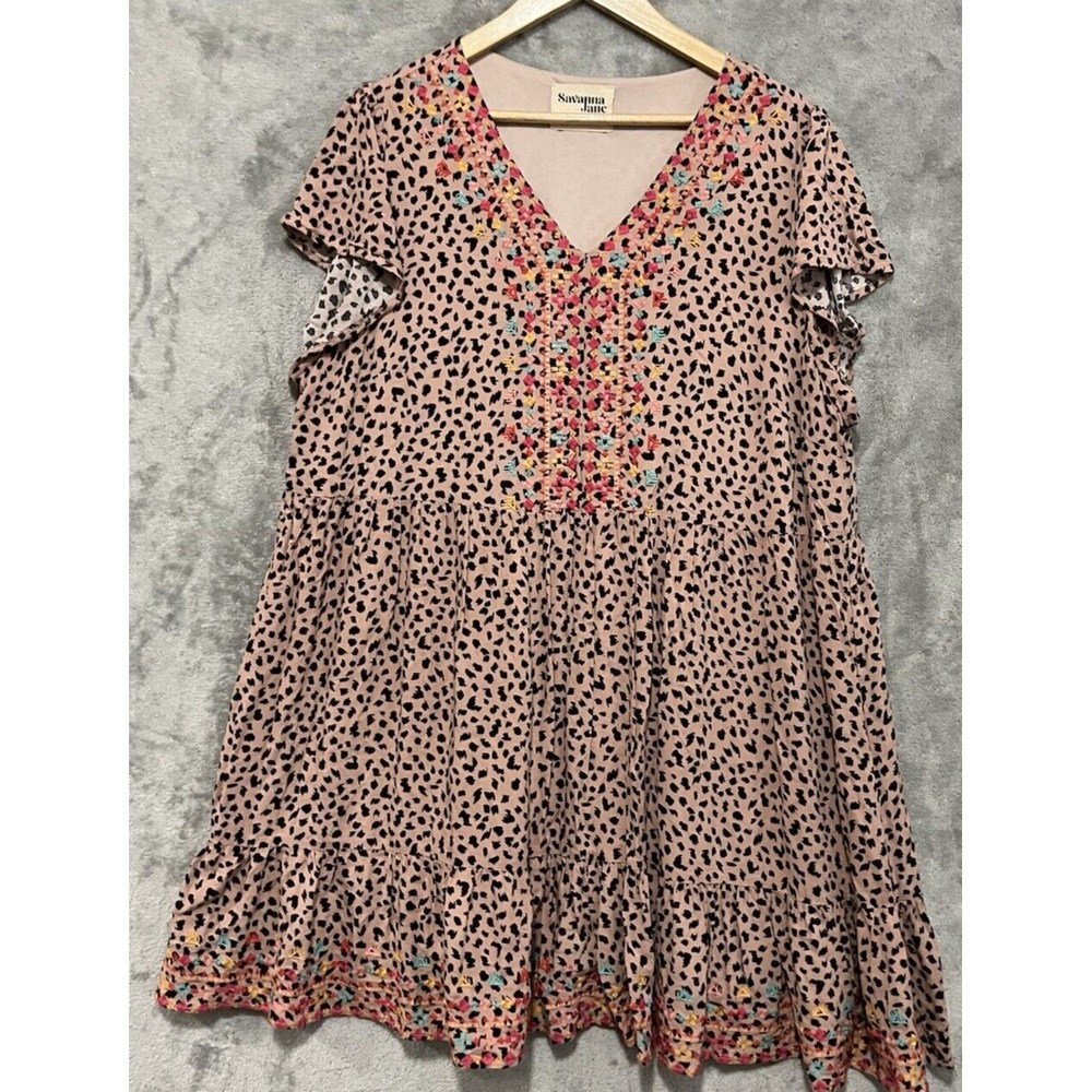 Savanna Jane Leopard Print Embroidered V-Neck Tunic Mini Dress Plus Size 2X - Picture 2 of 10